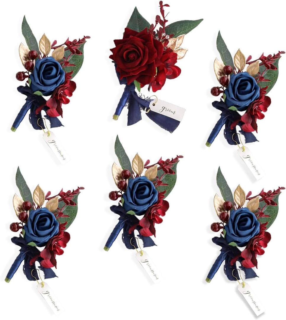 Lookein Set of 6 Boutonnieres for Men's Groom/Groomsmen, Artificial Flowers in Burgundy & Navy Blue for Formal Ceremonies and Dinners