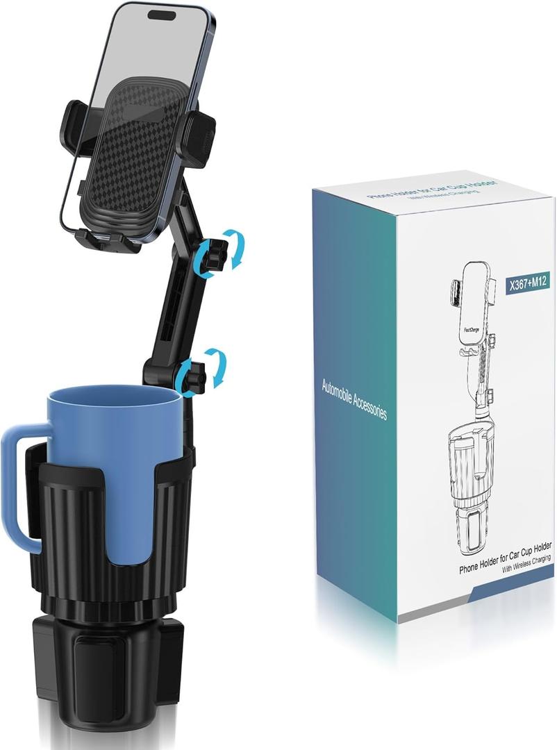 Phone Holders for Your Car Cupholder, 2 in 1 Cell Phone Holder Mount with Cup Holder Expandable Base, 360 Degree Rotating Neck, Fits All 4-7" Smartphones and Most Bottles, 1 Pack