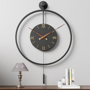 34.624 Inch Large Modern Decorative Oversized Pendulum Wall Clocks for Living Room,Big Minimalist Metal 3D Roman Numeral Dial,Classical Wall Clock With Walnut Pointers for Entryway,Dining Room Decor, Black Roman