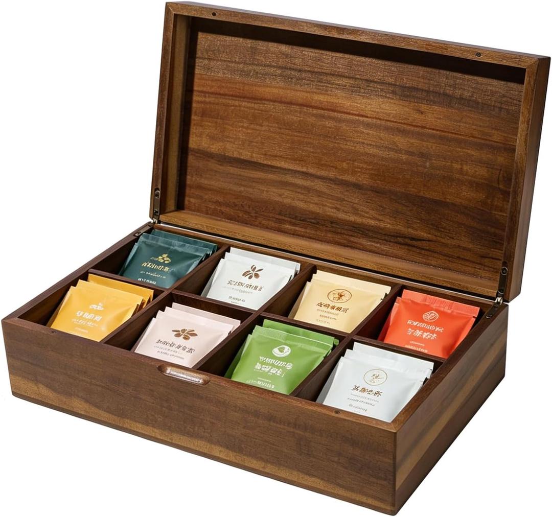 Acacia Wooden Tea Bag Organizer with Magnetic Lid, 8 Adjustable Compartments Wooden Tea Box for Tea Bags, Countertop Storage Holder