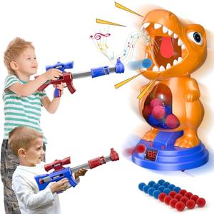 fygurso Movable Dinosaur Shooting Toys for Kids 5-7 with 2 Air Pump Gun, Target Shooting Games with LED Score Record, Light & Sound, 24 Foam Balls Competition Game Gift for Boys and Girls 3-5+ Years