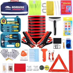 Roadside Assistance Emergency Kit - Car Emergency Kit with Jumper Cables (Upgraded) Emergency Roadside Kit for Car 142 Pieces Car Safety Kits,Tow Strap,Tool Kit,Reflective Warning Triangle (Blue)