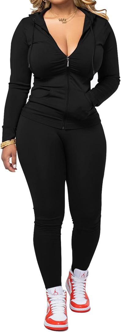 PINSV Women Two Piece Outfits Workout Sets Bodycon Tracksuit Long Sleeve Zip Up Hoodie Jacket Jogger Matching Sweat Pants Set (Large, Black)