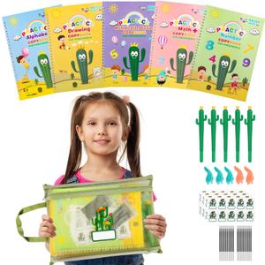 Complete Handwriting Practice for Kids, Grooved Writing Book Magic Copybook, Reusable Writing Practice Calligraphy Workbook, Kindergarten Preschool Learning Activities(Set of 5 books) (5 Count (Pack of 1))