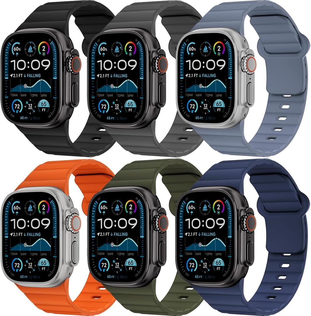 6 Pack Sport Bands for Apple Watch Ultra/3/2 Band 49mm 46mm 45mm 44mm 42mm 41mm 40mm 38mm iWatch Bands for Men Women,Waterproof Silicone Strap Wristband for Apple Watch Series 11 10 9 8 7 6 5 4 SE 3/2 (01-Black/Dark Grey/Blue Grey/Orange/Army Green/Navy Blue)
