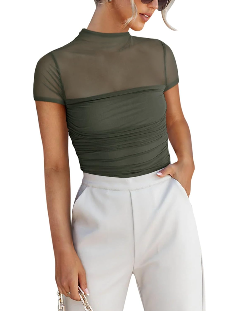 REORIA Women's Sexy Mock Turtle Neck Short Sleeve Shirts Sheer Mesh Ruched Trendy Going Out Bodysuits Tops, M