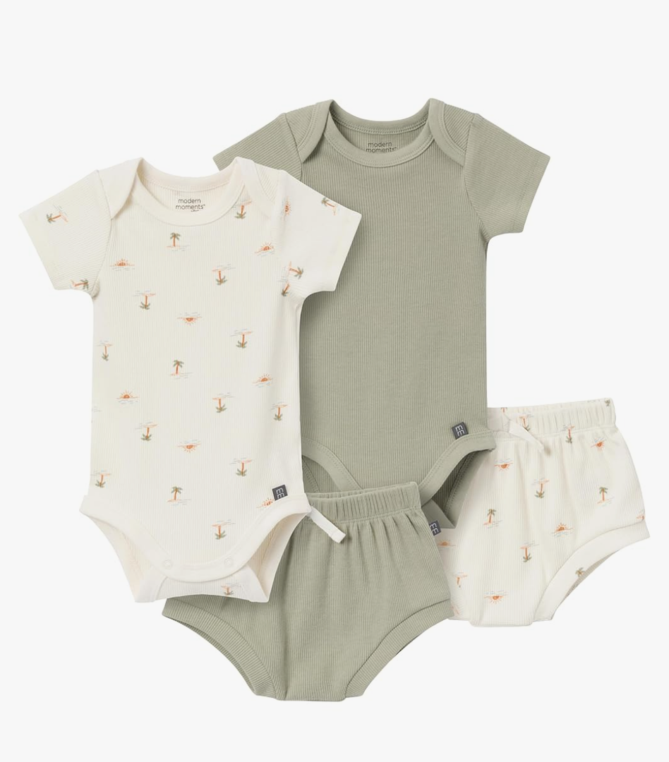 Modern Moments by Gerber Unisex Baby 4-pack Short-sleeve Bodysuits & Shortie Set, 3- 6 months