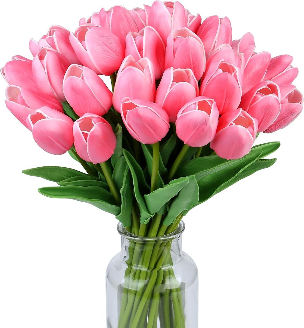 SITUMEIZI 15pcs Fake Tulips Artificial Flowers Real Touch Pink 14" PU Flower for Home Kitchen Decor Spring Easter Wedding Bouquet Decorations Office Valentine's Day Gifts(Rose Red)