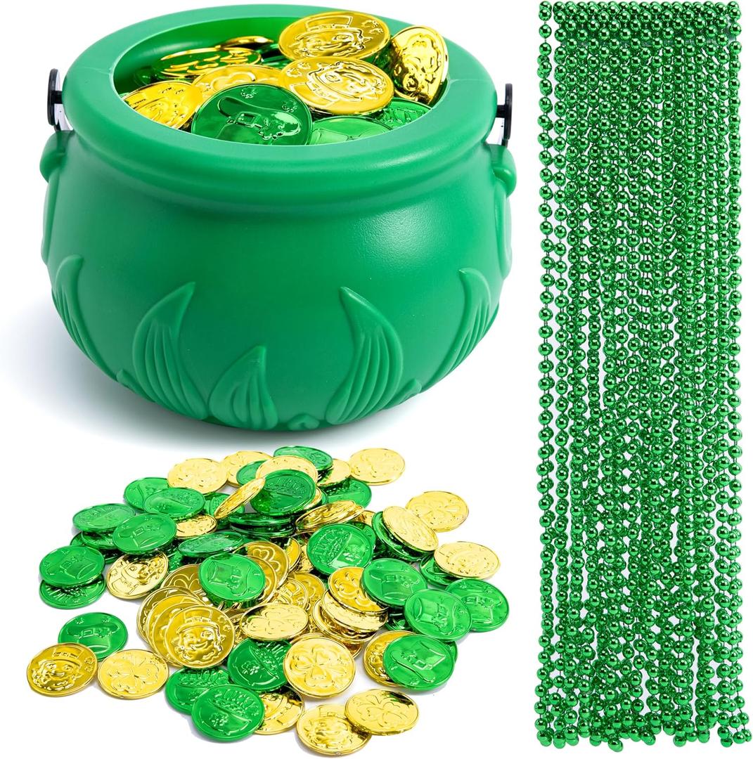 JOYIN 119 Pcs St. Patricks Party Supplies Set, 18 Bead Necklaces, 100 Plastic Coins and 1 Cauldron, St Patricks Day Party Favor Supply (Green Cauldron, Bead Necklace, Green and Gold Coins)
