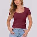 ANRABESS Women Short Sleeve Tops Scoop Neck Ribbed Knit Slim Fitted Basic Tee Shirts Casual Summer Clothes 2025 Fall Outfits (Red, M)