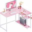 Pamray 43 Inch L Shaped Computer Desk with Reversible Side Storage Shelves, Small Corner Desk for Small Space Home Office,Writing Study Table PC Desk for Bedroom, Pink with White Leg