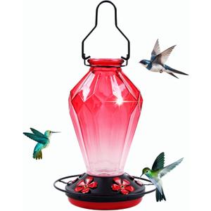 Glass Hummingbird Feeder for Outdoors Hanging, 25Oz Humming Bird Nectar Feeder, Perch, 5 Flower Feeding Ports, Leak Proof Base, Hook for Outside Garden Backyard, Gift for Women Mom, Diamond Red