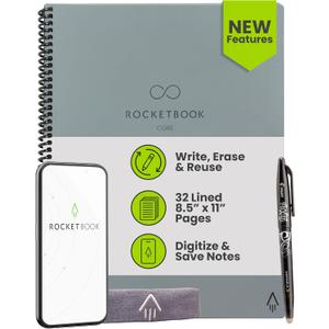 2 x Rocketbook Core Reusable Smart Notebook, Lined Pages For School, Work and Creative Projects, Letter Size 8.5x11, Gray - Premium
