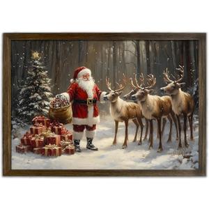 KVTM Christmas Canvas Framed Wall Art, Vintage Santa Claus Pictures Holiday Snowy Forest Painting, Festive Santa and Reindeer Prints Artwork Decor Large Canvas for Living Room Bedroom, 12x16 inches
