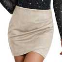 Ezcosplay Women High Waisted Faux Suede Ruched Wrap Mini Skirt Asymmetrical Tulip Hem Bodycon Short Skirts Beige, Size S