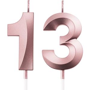Birthday Candles Numeral Candles Cake Topper Decoration for Birthday Party Wedding Anniversary Celebration Supplies(Rose Gold,13th)