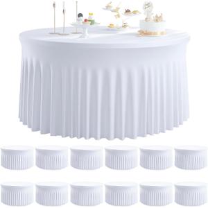 12 pk Round Spandex Tablecloths for 60inch Table, Stretchy Wrinkle Free 120inch Fitted 5FT Round Table Cloths Cover with Skirt for Wedding Party Birthday Banquet Engagement