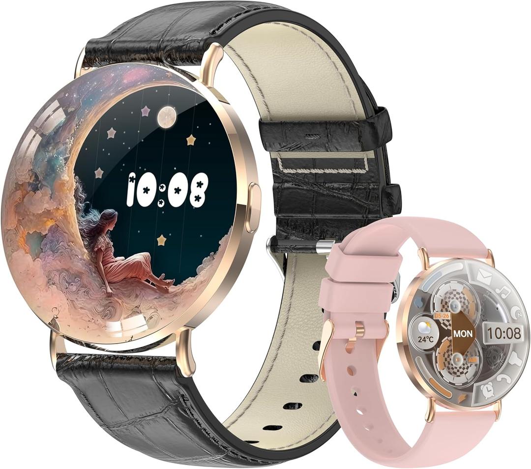 Ultra-Slim Smart Watches for Women(Call/2 Bands/All Metal), 41mm,1.32" AMOLED Ultra-Clear Screen Fitness Tracker with SpO2/Heart Rate/Sleep Tracking, Waterproof Smart Watch for iPhone/Samsung/Android (Gold+Black)