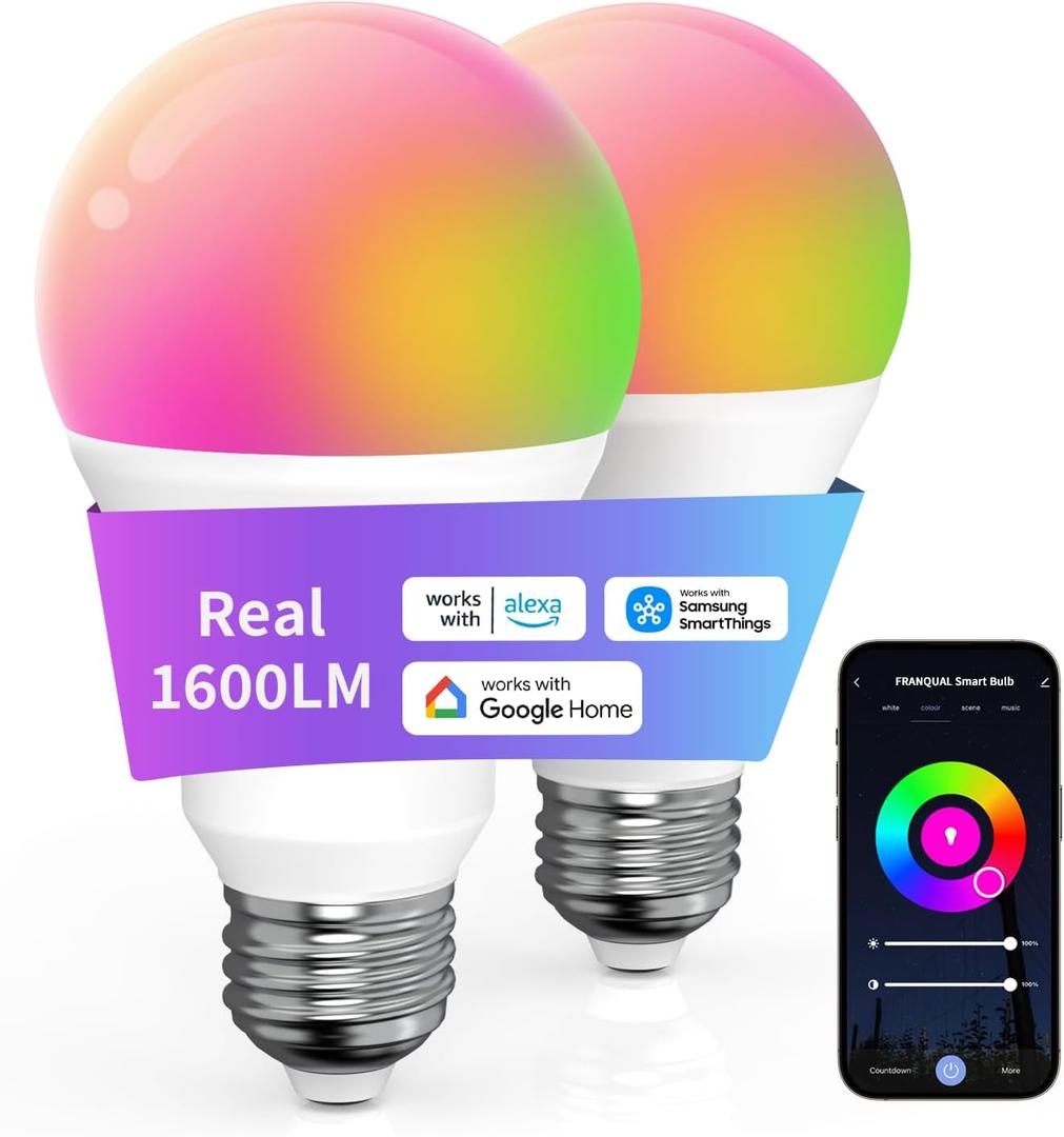 Franqual Smart Light Bulbs Work with Alexa Google Assistant, 1600LM Ultra Bright Smart Bulb, 13W 150W Equivalent RGBCW Color Changing Light Bulbs 2P, Bluetooth 2.4GHz WiFi A21 E26 App LED Light Bulb