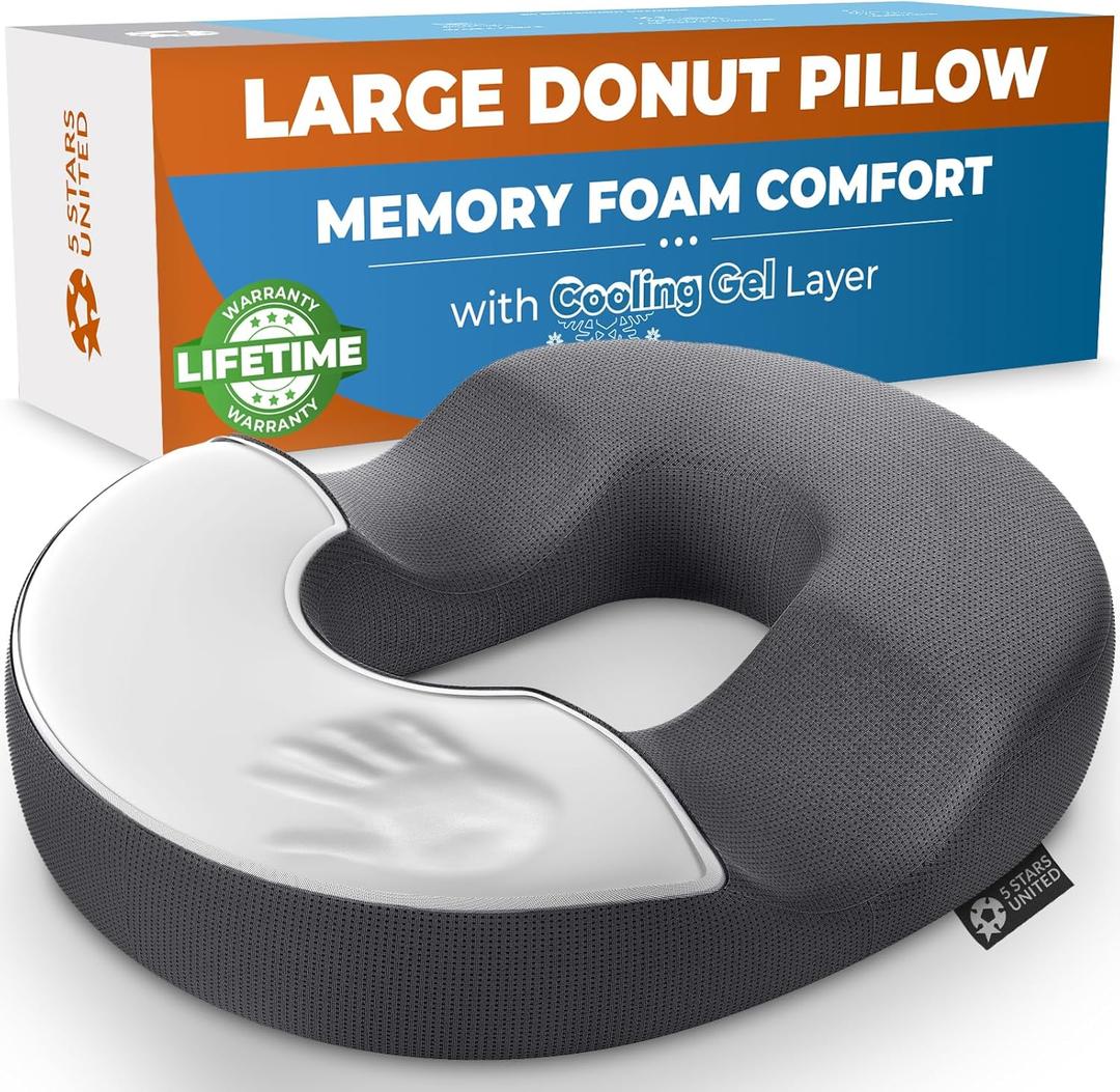 5 STARS UNITED Donut Pillow Hemorrhoid Tailbone Cushion  Large Cushion for Pain Relief  Coccyx, Prostate, Sciatica, Pelvic Floor, Pressure Sores, Pregnancy, Postpartum Recovery, Dark Gray