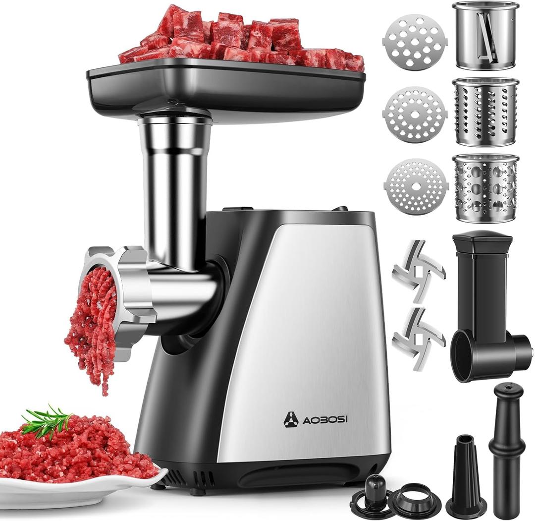 AAOBOSI Meat Grinder, 4-In-1 Meat Grinder Electric [2800W Max] with 3 Slice, Shred Blades,2 Blades,3 Plates,Sausage Stuffer,Kubbe Kit, for Home Kitchen Use, Stainless Steel (Standard)