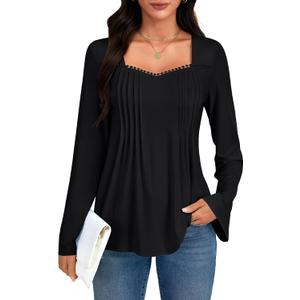 Umenlele Women's Pleated Front Sweetheart Neck Long Sleeve Casual Loose Tunic Tops Blouse Pink Small (S)