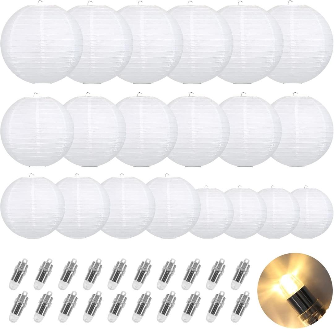 LIHAO 20PCS White Paper Lanterns with Lights, Round Hanging Chinese Lanterns Decorative for Wedding Anniversary Birthday Party Home Decor(Size of 6, 8, 10, 12)