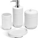 RQYIXI Bathroom Accessories Set 4 Pieces Ceramic Bathroom Accessory with Metal Base Set Contain Soap Dispenser Cotton Swab Jar Toothbrush Cup Soap Dish