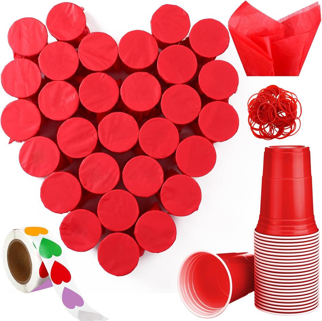 50 Pack Valentines Day Party Game Set Valentines Cup Punch Game Include Red Plastic Cups 16oz Tissue Paper Stickers and Rubber Band for Birthday Home Office Party
