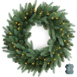 Christmas Wreath Pre Lighted 24 inch with 50 Led Fraser Fir Foliage Tips, Battery Operated Artificial Christmas Wreaths for Front Door with Lights, Green Christmas Decoration for Door Windows Wall