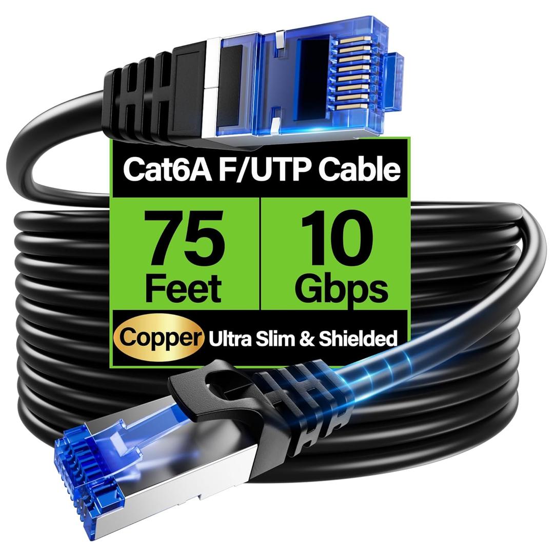 Cat6A Ethernet Cable Shielded 10Gbps 75 ft, Slim Shielded (F/UTP) Ethernet Cable Cat 6, Flexible 28AWG Bare Copper Cat6 Cable, Space-Saving Cat 6a Network Cable for Server, Data Center, Black