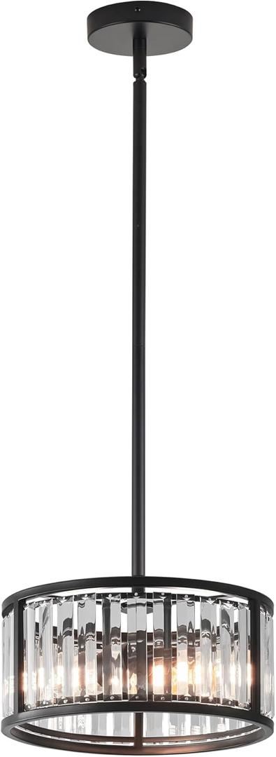 Black Flush Mount Ceiling Light, 2- Light Caged Crystal Chandelier, Small Drum Hallway Light fixtures Ceiling Mount, 11 INCH Black Pendant Light (2-Light)