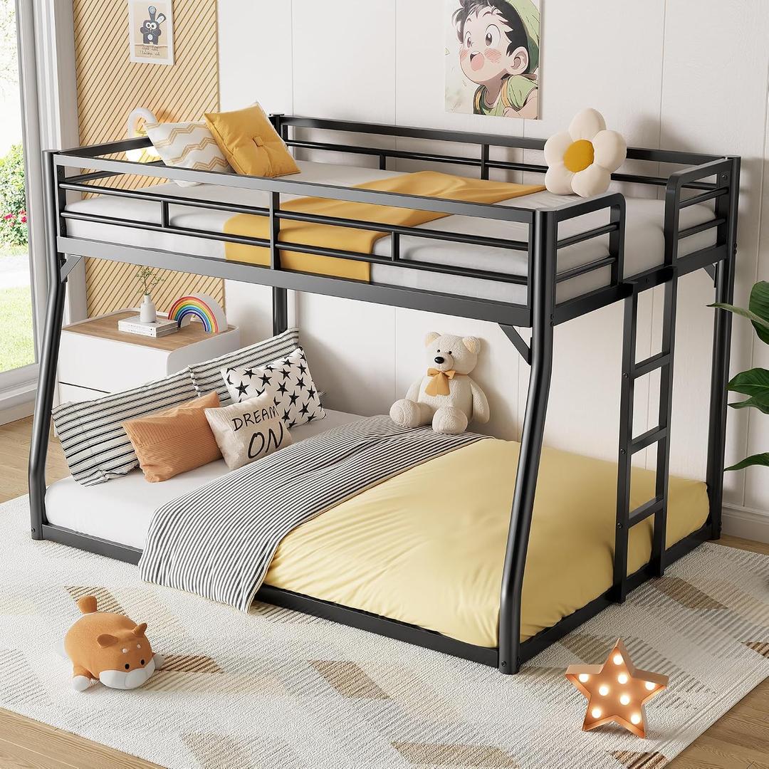PVWIIK Metal Full XL Over Queen Bunk Bed w/Ladder and Safety Guardrail for Kids Teens Adults,Heavy-Duty Sturdy Bunk Bed,No Box Spring Needed,Black