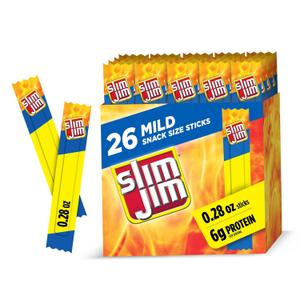 Slim Jim Smoked Meat Sticks, Mild Flavor, 6g Protein Per Serving, Snack Size, 0.28 oz. (26 Count) (EXP 11/08/26)