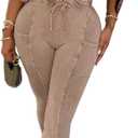 SHINFY Women's 2 Piece Outfits Sexy Off the Shoulder Ruched Crop Tops Bodycon Flared Pants Matching Sets, XXL (Beige)