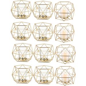 Hewory Geometric Tealight Candle Holders Gold, Modern Metal Geo Wedding Centerpieces for Table, Votive Candle Stand Accent for Tea Light for Home Shelf Mantel Christmas Birthday Party Decor, 12pcs