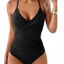 B2prity Women's One Piece Swimsuits Tummy Control Front Cross Bathing Suits Tie Back Slimming V Neck Swimwear(Black, Small)