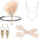 Gionforsy 1920s Flapper Set Roaring 20s Gatsby Accessories for Women Feather Headband 1920s Flapper Girl Accessories (Beige)