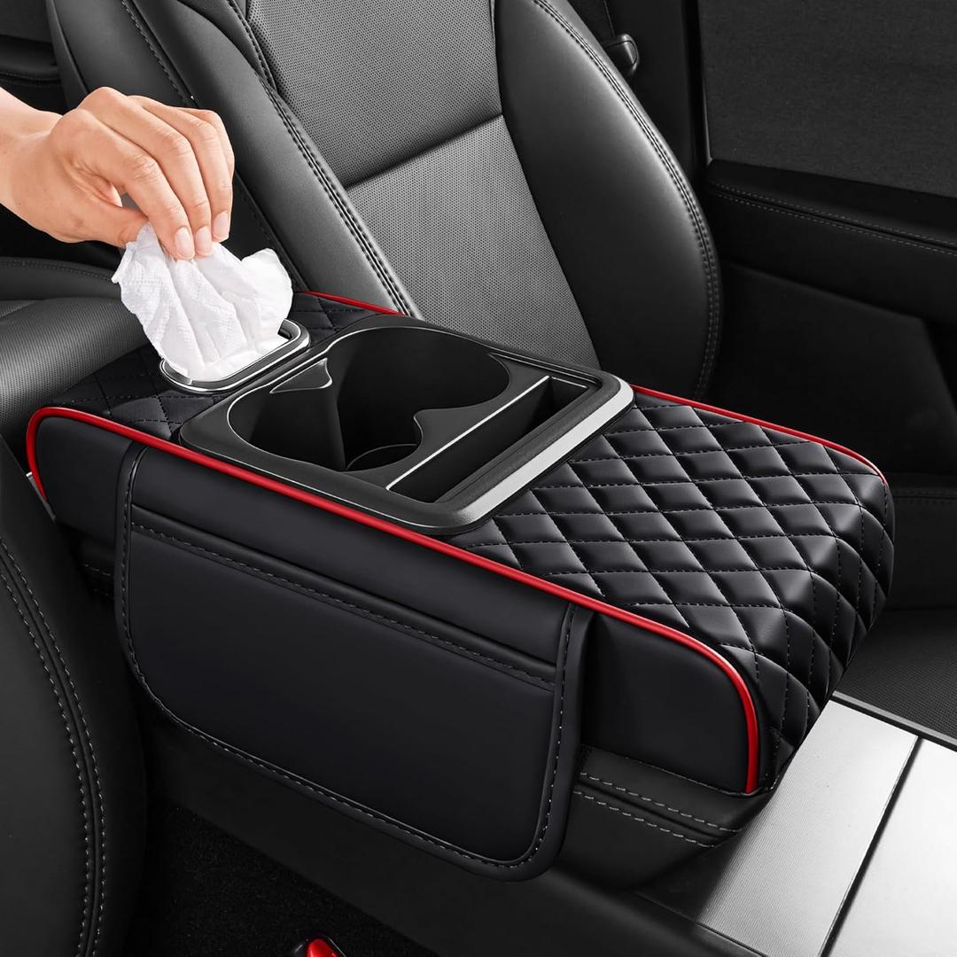 5 in 1 Car Center Console Cover, Armrest Pad with 2 Storage Pockets, Cup Holder, Tissue Box Slot, Phone Holder, Universal Car Interior Organizer (Black with Red Stitching)