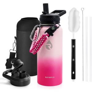 Insulated Water Bottle 32 oz, Triple Wall Vacuum Stainless Steel (Cold for 48 Hrs), Leak Proof & Non-BPA, Modern Water Flask Jug with Paracord Handle & Straw Spout Lids, Ombre Pink