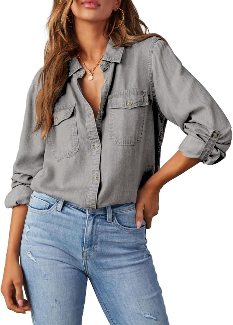 Astylish Women Button Down Denim Shirts Casual Long Sleeve V Neck Chambray Blouse Top (Gray, M)
