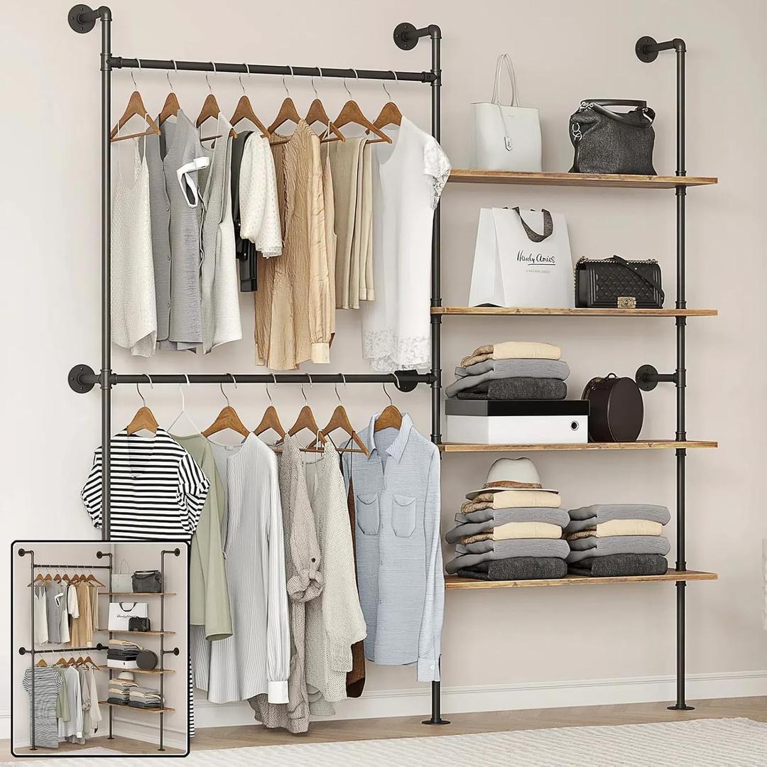 Industrial Pipe Clothing Rack Wall Mounted Heavy Duty, Space Saving Garment Hanger System for Wardrobe/Walk-in Closet,Black