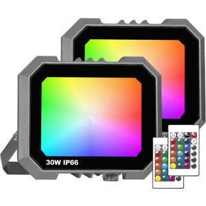 2 Pack RGB LED Flood Light 30W, 300W Equivalent 3000 LM Outdoor Landscape Flood Lights with 2 Remote, IP66 Waterproof Outdoor Light for Christmas Party Stage Uplight Wall Wash