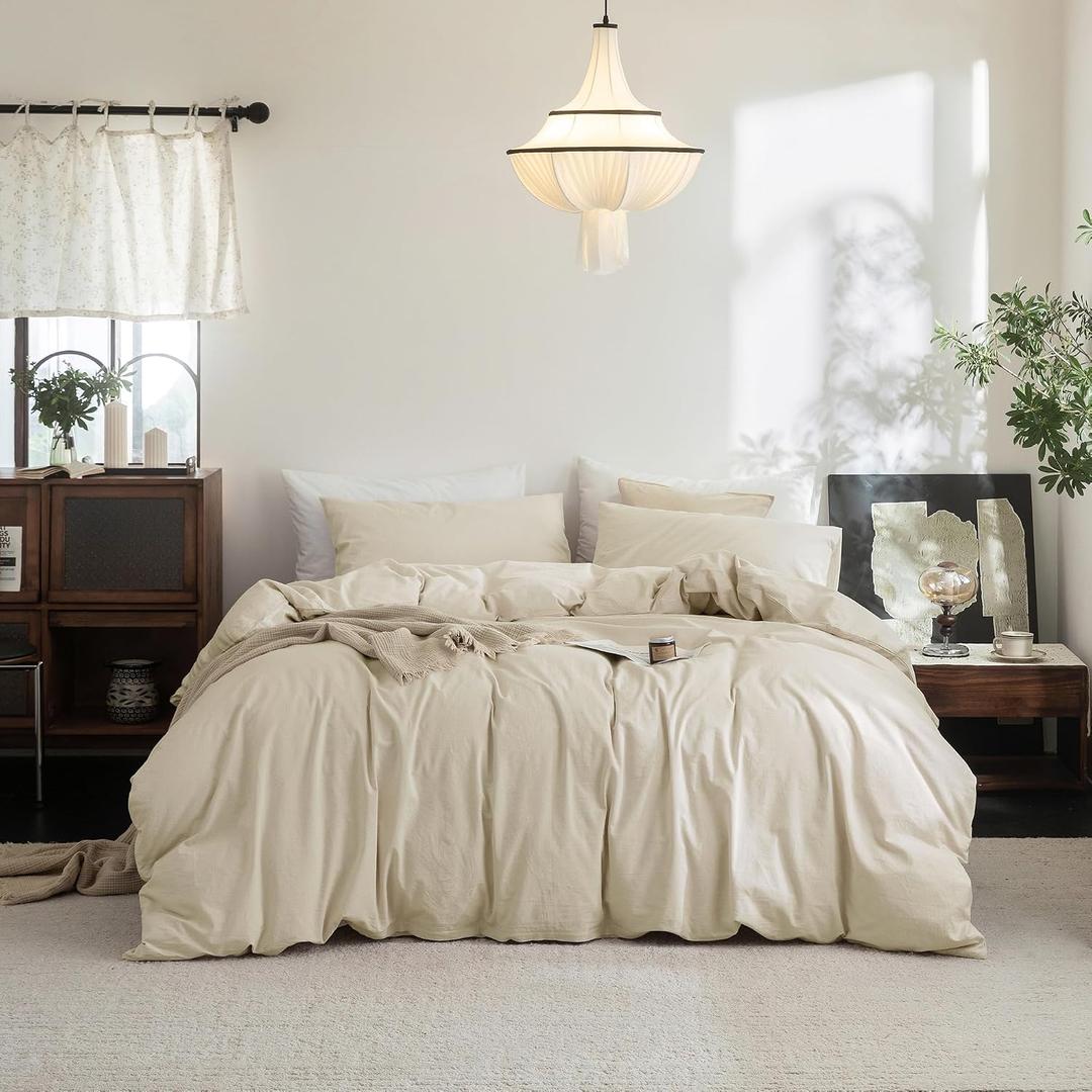 FOSSA Duvet Cover Set 100% Washed Cotton Linen Feel Super Soft Breathable Cozy 3 Pieces Bedding Sets Solid Almond Grey Full/Double