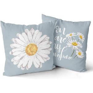 Sweetshow Daisy Pillow Covers 18x18 Inch Set of 2 Farmhouse Summer Spring Daisy Bloom Pillows Floral Blue Decorative Throw Pillow Covers Soft Cotton Cushion Cover for Home Sofa Couch Bedroom