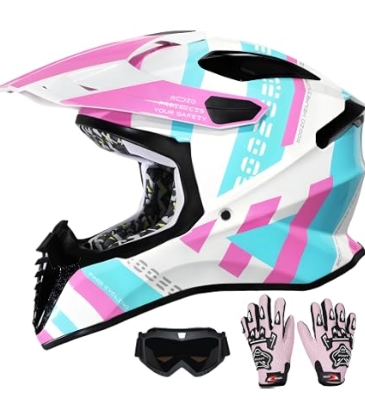 Yesmotor Kids Dirt Bike Helmet, DOT Approved Youth Motorcycle Full Face Helmet with Goggles & Gloves, Kids Motocross ATV 4 Wheeler Helmets for Boys Girls(Blue,S)