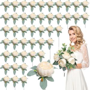 Artificial Peonies Flowers Bulk, 50Pcs 4 Champagne Peonies Faux Silk Peony Heads for Table, Fake Flowers Arrangements for Wedding, Valentine, Engagement, Office, Coffee, Dining Decorations