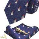 Festival Christmas Tie and Pocket Square with Tie Clip and lapel pin Set (Navy Blue7)