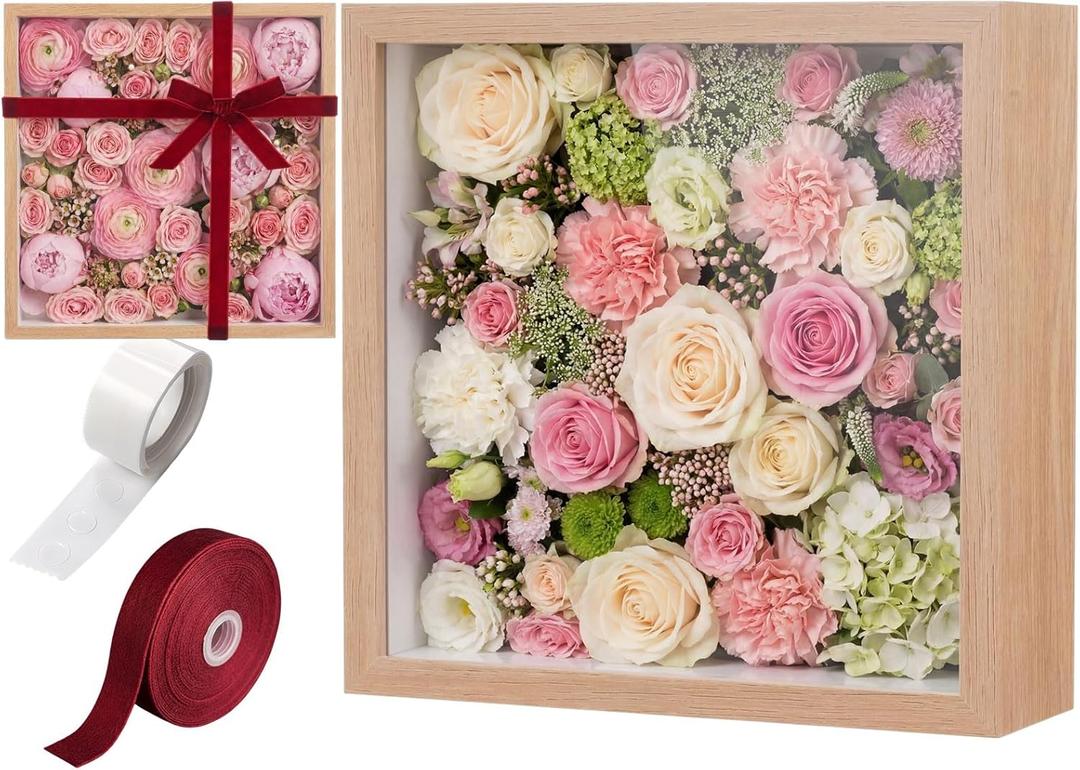 8"x8" Wedding Shadow Box Frame Flower Display Case Kit, DIY Wood Color Picture Gift Box with Lid Deep Glass Case Red Velvet Ribbon for Gift Wrapping Craft Bouquet Flower Keepsake Memory