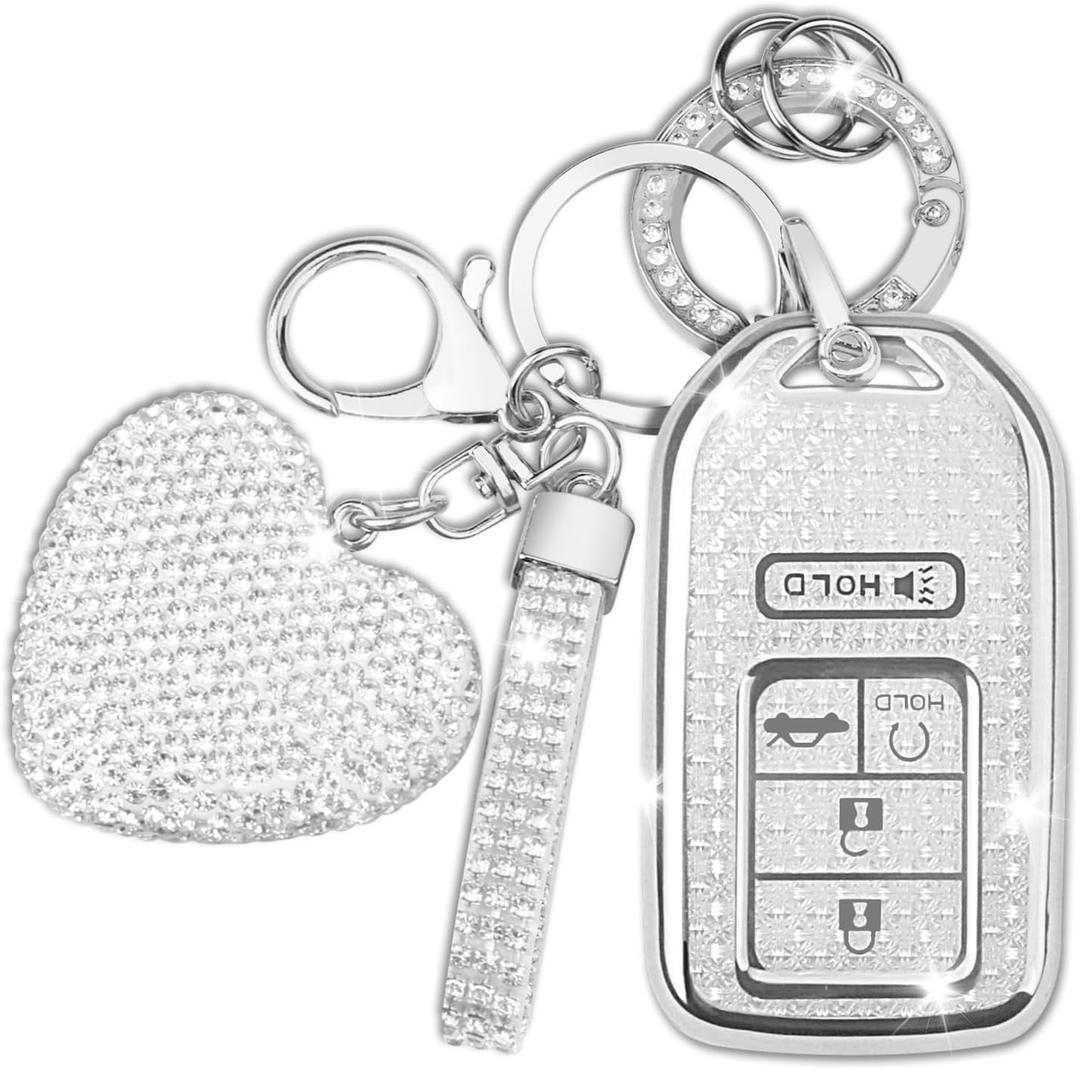 for Honda Key Fob Cover with Diamond Keychain for Women, Soft TPU 5 Buttons Key Shell fit for 2016-2022 Accord Civic CR-V Pilot Passport Insight EX EX-L Odyssey Touring (Silver/White)